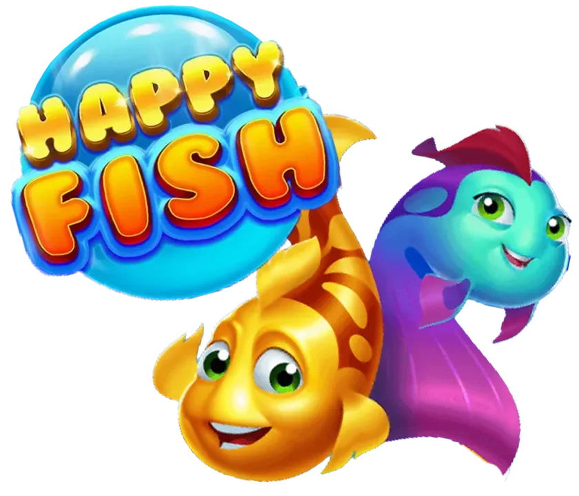 快樂魚主視覺,HAPPY FISH 泡泡標誌與黃、藍兩隻卡通魚