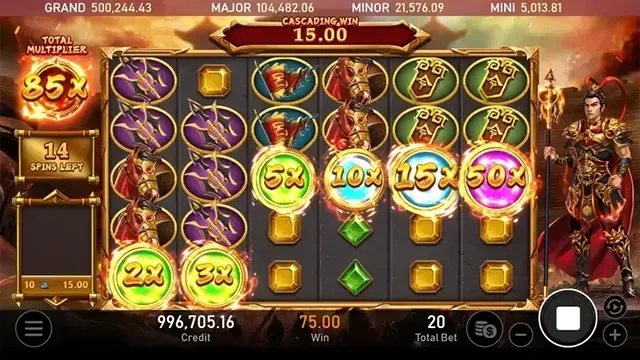 戰神呂布免費遊戲盤面浮著 2X 至 50X 的倍數晶球,左側顯示剩餘 14 轉