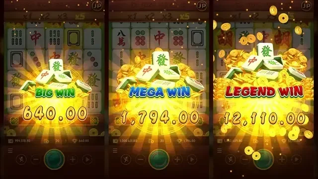 麻將發了三段贏分演出：BIG WIN、MEGA WIN 與 LEGEND WIN